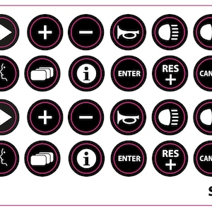 May include: Sheet of black and white circular stickers with various symbols and icons, including arrows, phone, and car controls. The text "3MM" and "simstickers.co.uk" are also present. The stickers have a pink border.