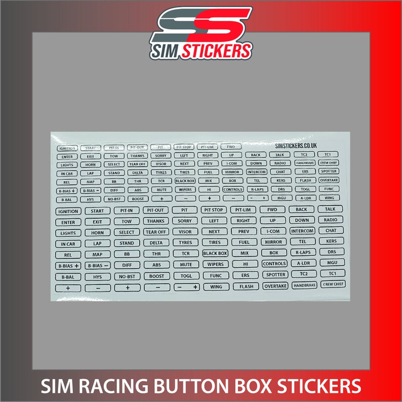 Border Stickers for Car Sim Racing Button Box/Wheel iRacing/AC/PC2 VARIOUS COLOURS White w/ Black Print