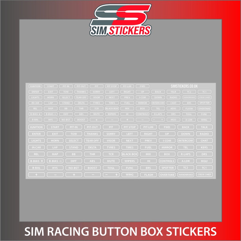 Border Stickers for Car Sim Racing Button Box/Wheel iRacing/AC/PC2 VARIOUS COLOURS Clear w/ White Print