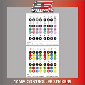 May include: Two sheets of 10mm controller stickers featuring gaming symbols. Sheet 1 displays triangle, circle, cross, square, and A, B, X, Y icons in various colors. Sheet 2 features A, B, X, Y letters in colored circles. Text includes SimStickers.