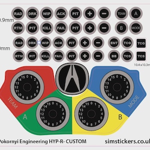 Peut inclure: Une feuille d'autocollants personnalisés avec des étiquettes et des cadrans. Les autocollants comprennent du texte tel que "RAD", "DRK" et "PIT", ainsi que des cadrans numériques et le logo Acura. Les dimensions sont de 10,9 mm et 10 mm.