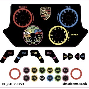 May include: Black sticker sheet featuring car dashboard elements, including dials, gauges, and buttons, with a Porsche emblem. Includes dials marked TC/CON, TC/R, and WIPER, plus smaller controls and text. Text includes "PE_GTE PRO V3" and "simstickers.co.uk".