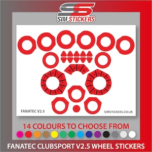 May include: Fanatec ClubSport V2.5 wheel stickers in red with black numbers and letters. 14 colours to choose from: pink, magenta, orange, brown, yellow, green, turquoise, blue, purple, black, grey, white, silver, and gold.
