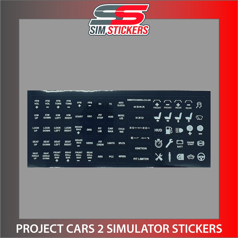 Car Button Labels BLACK Project Cars 2 (PC2) Stickers for Car Simulator Keyboard/button ...
