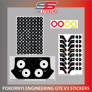 May include: A collection of black and white stickers with various symbols and text, including "SIM STICKERS" and "Pokornyi Engineering GTEv3". The stickers are designed for use in a racing simulator, with labels like "PIT", "DRS", and "TC".