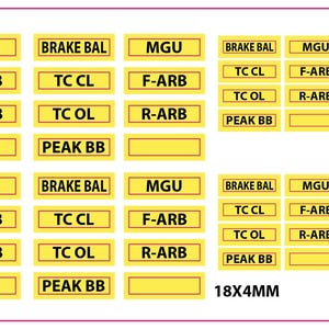 May include: A selection of yellow rectangular labels with black text. The labels feature abbreviations such as "BRAKE BAL", "MGU", "TC CL", "F-ARB", "TC OL", "R-ARB", and "PEAK BB". Two sizes are indicated: 18x4mm and 13x3mm.