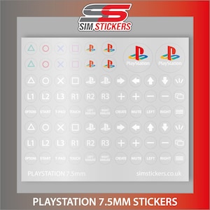 May include: A sheet of PlayStation 7.5mm stickers with controller symbols: circles, crosses, squares, and triangles. Directional arrows, plus and minus signs, and the PlayStation logo are also present. The text "PLAYSTATION 7.5MM STICKERS" is at the bottom of the sheet.