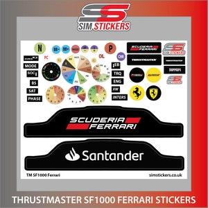 May include: A set of black and white stickers for a Thrustmaster SF1000 Ferrari racing wheel. The stickers include the Ferrari logo, the Scuderia Ferrari logo, the Santander logo, and various other logos and labels for the racing wheel.