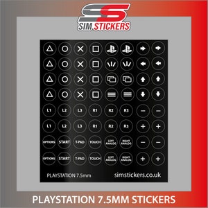 May include: A set of black and white PlayStation controller button stickers, 7.5 mm in size. The stickers feature various symbols, including the PlayStation logo, directional arrows, and letters.