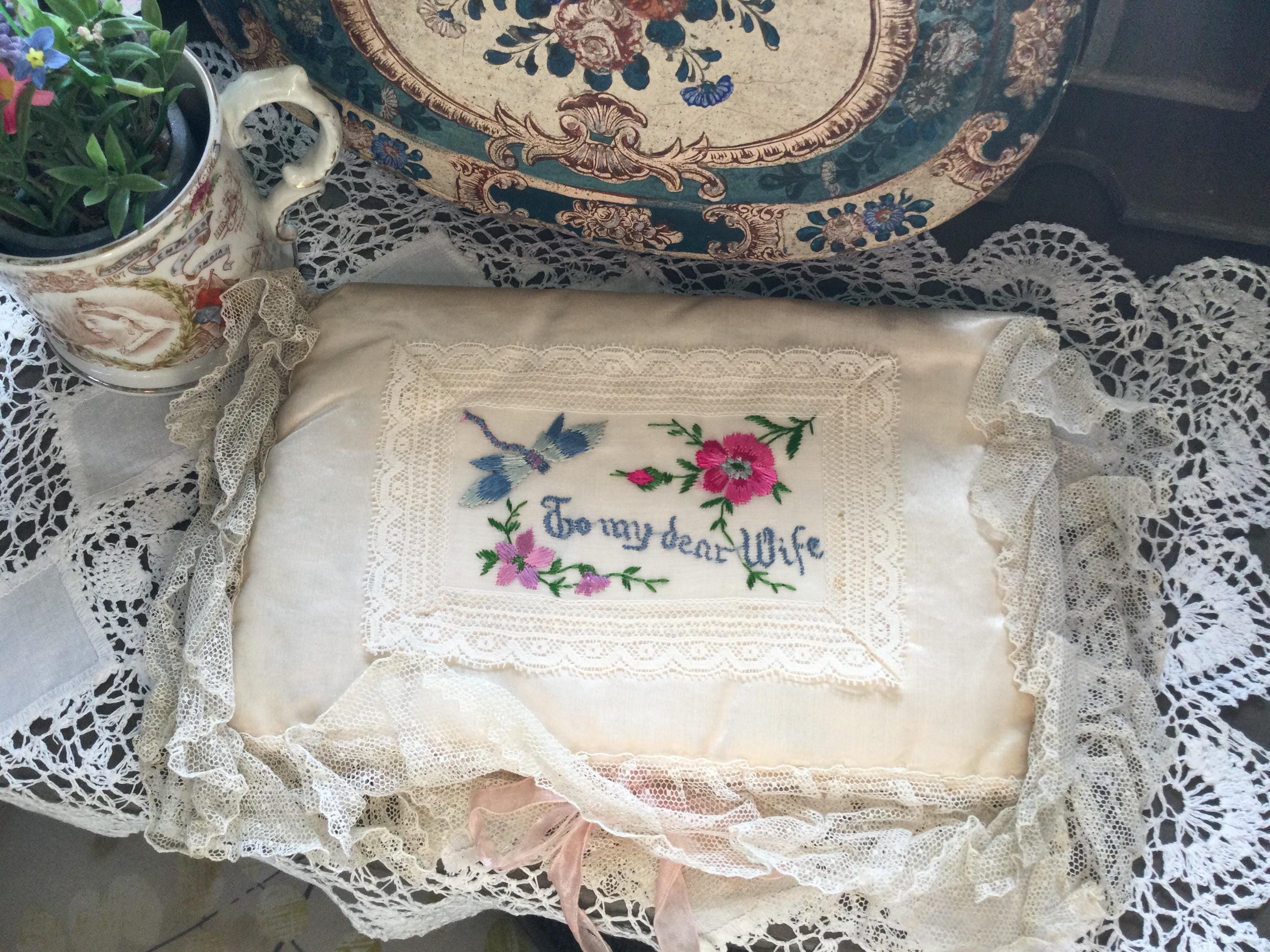 Antique French Embroidery Keepsake – WWI Silk & Lace Boudoir Bag 