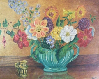 Original 1950s flower painting - oil on canvas board