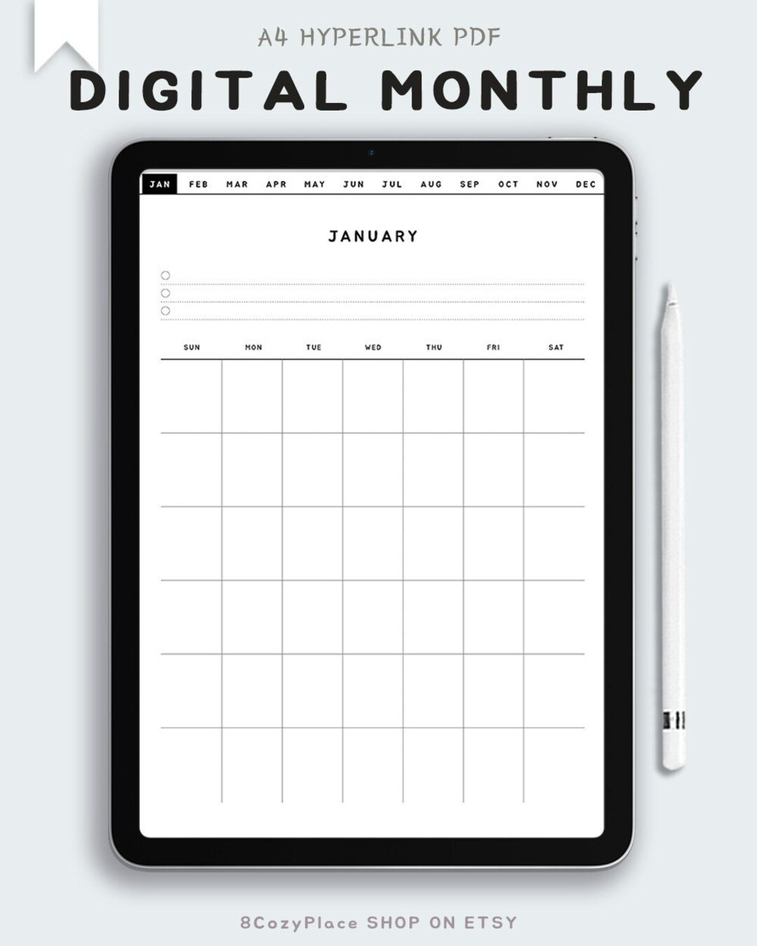 Undated Goodnotes Monthly Planner, A4 Size PDF Hyperlinked Digital Life