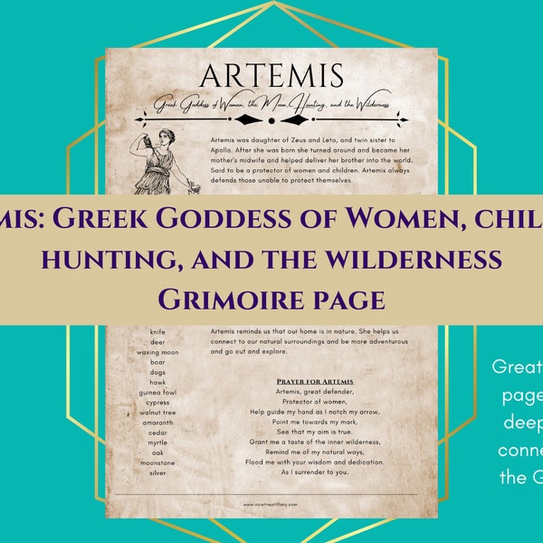 Artemis Greek Goddess of Women, Children, Hunting, and Wilderness Grimoire Page Book of Shadows PDF Download