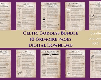 Celtic Goddess Grimoire Page Bundle Get 10 Aged Pages and save 30% Bundle Includes: Cerridwen, Morrigan, Brigid, Rhiannon, and more!