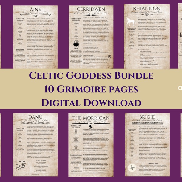 Celtic Goddess Grimoire Page Bundle Get 10 Aged Pages and save 30% Bundle Includes: Cerridwen, Morrigan, Brigid, Rhiannon, and more!