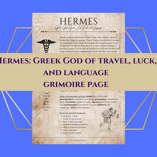 Hermes Greek God of Travel, Luck, Language Grimoire Page Book of Shadows PDF Download