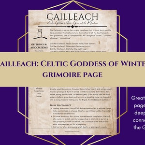 以下が含まれることがあります： 茶色の縁取りのあるベージュのページに、ケルトの冬の女神、カイリーアに関するテキストが書かれています。テキストには、捧げ物と関連付け、つながり方、女神の説明が含まれています。ページのタイトルは「カイリーア：ケルトの冬の女神グリモアページ」です。