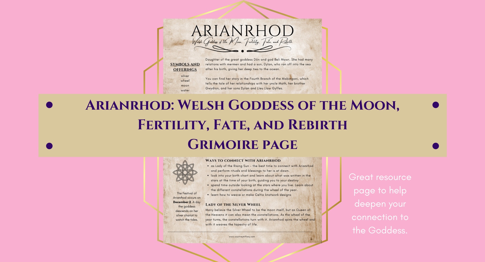 Arianrhod Welsh Celtic Goddess of Moon, Fertility, Fate, and Rebirth  Grimoire Page Book of Shadows PDF Download, image size:2000x1080