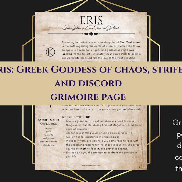 Eris Greek Goddess of Chaos, Strife, and Discord Goddess Grimoire Page Book of Shadows PDF Download