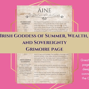 Aine, Celtic Irish Goddess of Summer, Wealth, Love, and Sovereignty Grimoire Page Book of Shadows PDF Download