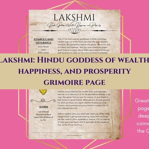 Lakshmi Hindu Goddess of Wealth, Happiness, and Prosperity Grimoire Page Book of Shadows PDF download