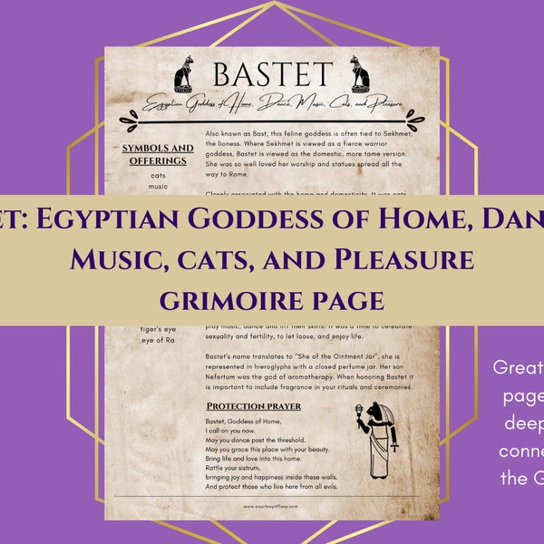 Bastet Egyptian Goddess of Cats, Dancing, Music Grimoire Page Book of Shadows PDF Download