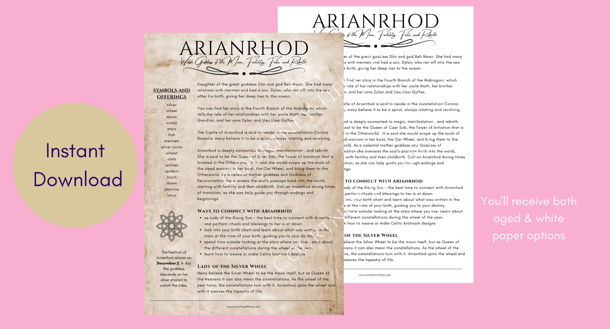 Arianrhod Welsh Celtic Goddess of Moon, Fertility, Fate, and Rebirth  Grimoire Page Book of Shadows PDF Download, image size:2000x1080