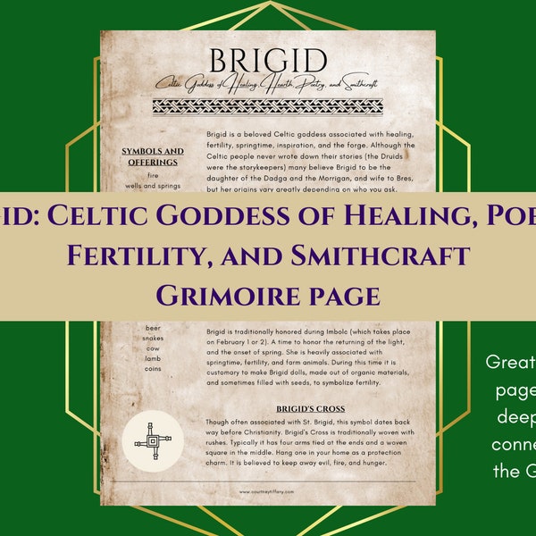 Brigid Celtic Goddess of Healing, Fertility, Poetry, and Smithcraft Grimoire Page Book of Shadows PDF Download