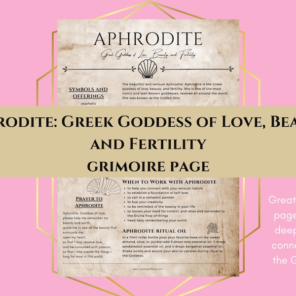 Aphrodite Greek Goddess of Love, Beauty, Fertility Grimoire Page Book of Shadows PDF Download