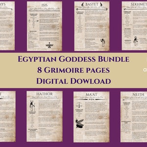May include: A digital download bundle of eight printable grimoire pages featuring Egyptian goddesses. The pages are in a vintage style with illustrations and text. The text includes the names of the goddesses: Nephthys, Isis, Bastet, Sekhmet, Nut, Hathor, Ma'at, and Neith. The bundle is available for 30% off.