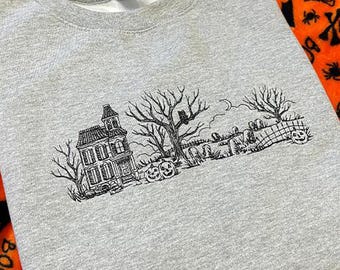 Haunted House Embroidered Sweatshirt, Gothic Halloween Hoodie, Spooky Season Jumper, Dark Academia Sweater, Ghost Horror Story Gift