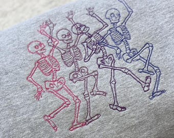 Dancing Skeletons Embroidered Sweatshirt, Colourful Halloween Hoodie, Spooky Season Jumper, Skeleton Lover Gift, Gothic Autumn Sweater
