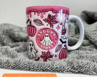 Pink Spooky Halloween Mug, Ghost Coffee Cup, 3D Effect Halloween Mug and Coaster Set, Cute Witchy Drinkware, Pumpkin Spice Gift for Her