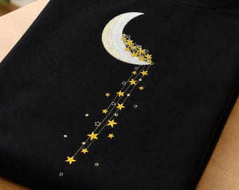 Moon and Stars Black embroidered Sweatshirt, Celestial Hoodie, Embroidered Jumper, Night Sky Sweater, Dark Academia Clothing, Stargazer Gift