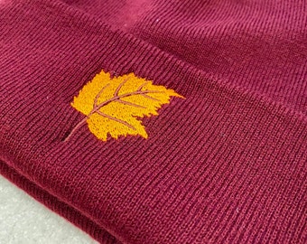 Autumn Leaf Embroidered Beanie, Cosy Knit Hat, Fall Nature Gift, Botanical Winter Beanie, Cottagecore Autumn Accessories