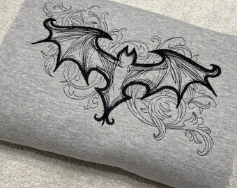 Bat Sketch Style Embroidered Sweatshirt, Gothic Hoodie, Halloween Jumper, Alternative Clothing, Spooky Gift for Goths