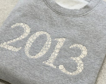 Personalised Year Embroidered Sweatshirt, Custom Date Hoodie, Floral Anniversary Jumper, Birth Year Gift, Meaningful Keepsake