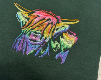 Rainbow Highland Cow Embroidered Sweatshirt: Scottish Cow Jumper, Colourful Farm Animal Lover Gift