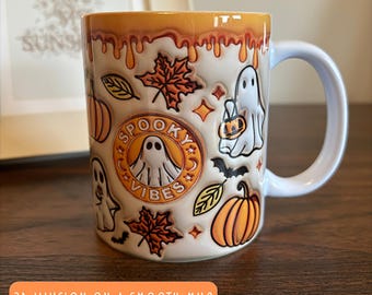Pumpkin Spice Halloween Mug, Orange Ghost Coffee Cup, Optional Coaster, Autumn 3D Effect Drinkware, Cosy Fall Gift, Coffee Lover Mug