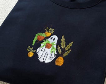 Ghost with Plants Embroidered Sweatshirt, Halloween Hoodie, Plant Lover Jumper, Botanical Autumn Sweater, Spooky Nature Gift