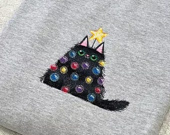 Kitten Christmas Lights Embroidered Sweatshirt: Festive Cat Jumper, Holiday Hoodie, Xmas Gift