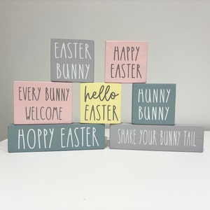 Easter Wooden Mini Sign, Happy Spring Wood Block, Chocolate Bunny Decor, Home Tiered Tray Gift, Mantel Shelf Sitter