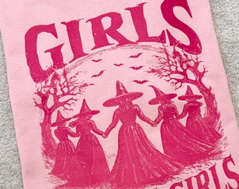 Girls Will Be Girls T-Shirt, Witch Circle Graphic Tee, Feminist Halloween Shirt, Spooky Witch Top, Alternative Gift, Pink or Black print