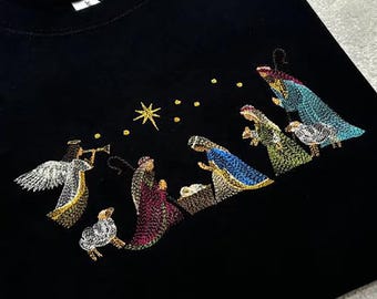 Nativity Scene Embroidered Black Sweatshirt, Christian Christmas Hoodie, Mary Joseph Baby Jesus Gift