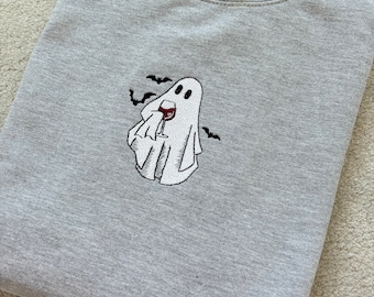 Ghost with Wine Embroidered Sweatshirt, Funny Halloween Hoodie, Spooky Season Jumper, Wine Lover Gift, Cute Ghost Sweater