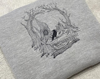 Hidden Skull Embroidered Sweatshirt, Gothic Forest Hoodie, Halloween Jumper, Dark Academia Sweater, Spooky Nature Gift