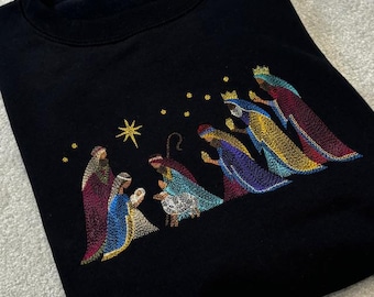 Nativity Scene Embroidered Sweatshirt, Christian Christmas Jumper, Religious Faith Hoodie, Jesus Birth Sweater, Church Christmas Outfit