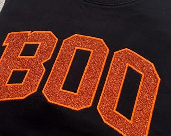 BOO Glitter Appliqué Sweatshirt, Halloween Hoodie, Black or Orange Sparkle Jumper, Spooky Season Clothing, Ghost Lover Gift