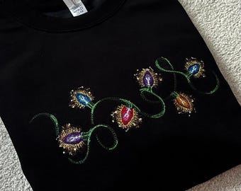 Christmas Lights Embroidered Black Sweatshirt, Rainbow Festive Jumper, Colourful Xmas Hoodie, Christmas Gift, Bright Holiday Clothing
