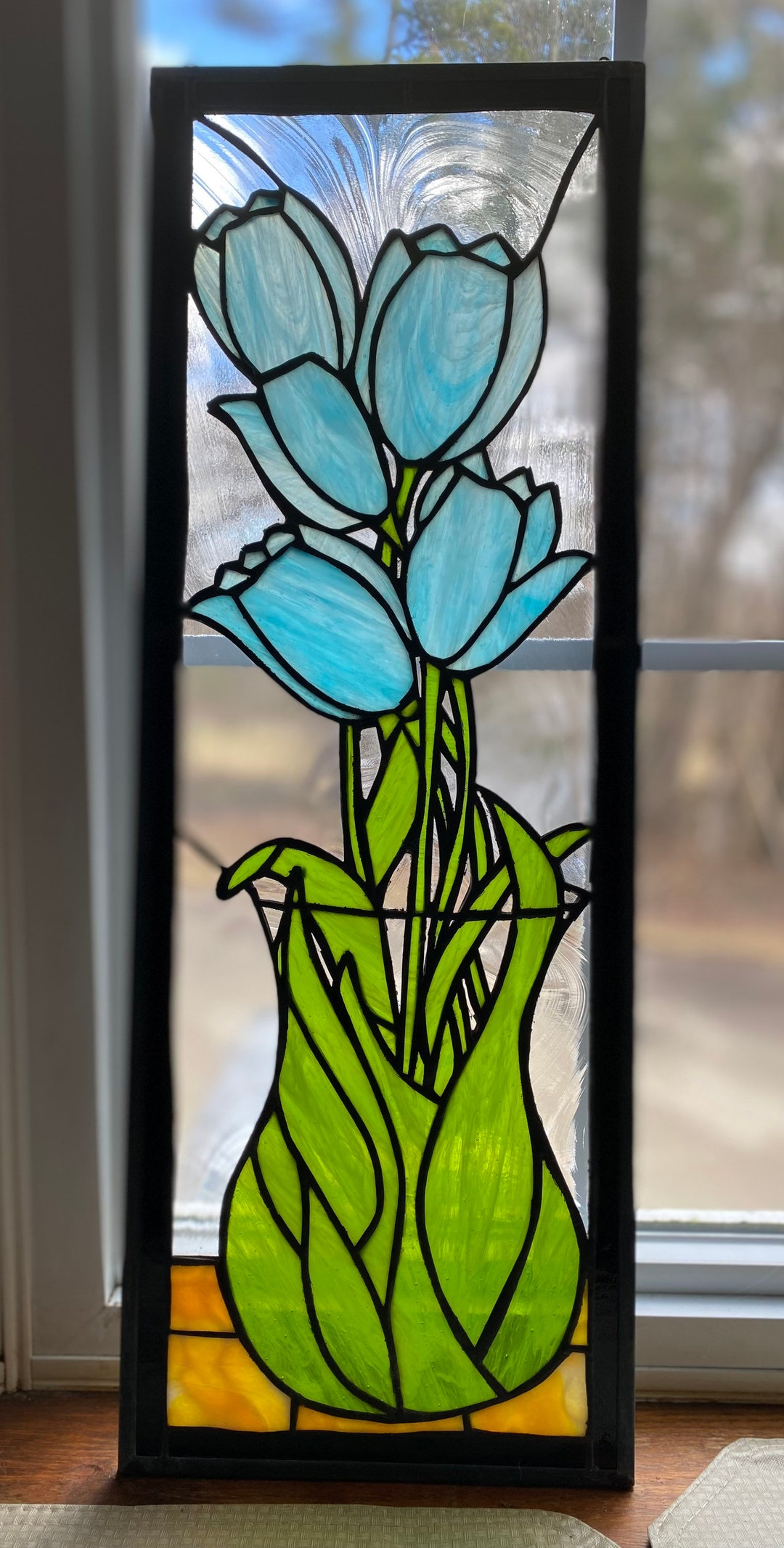 Stained Glass Tulips Blue Stained Glass Custom Design Etsy